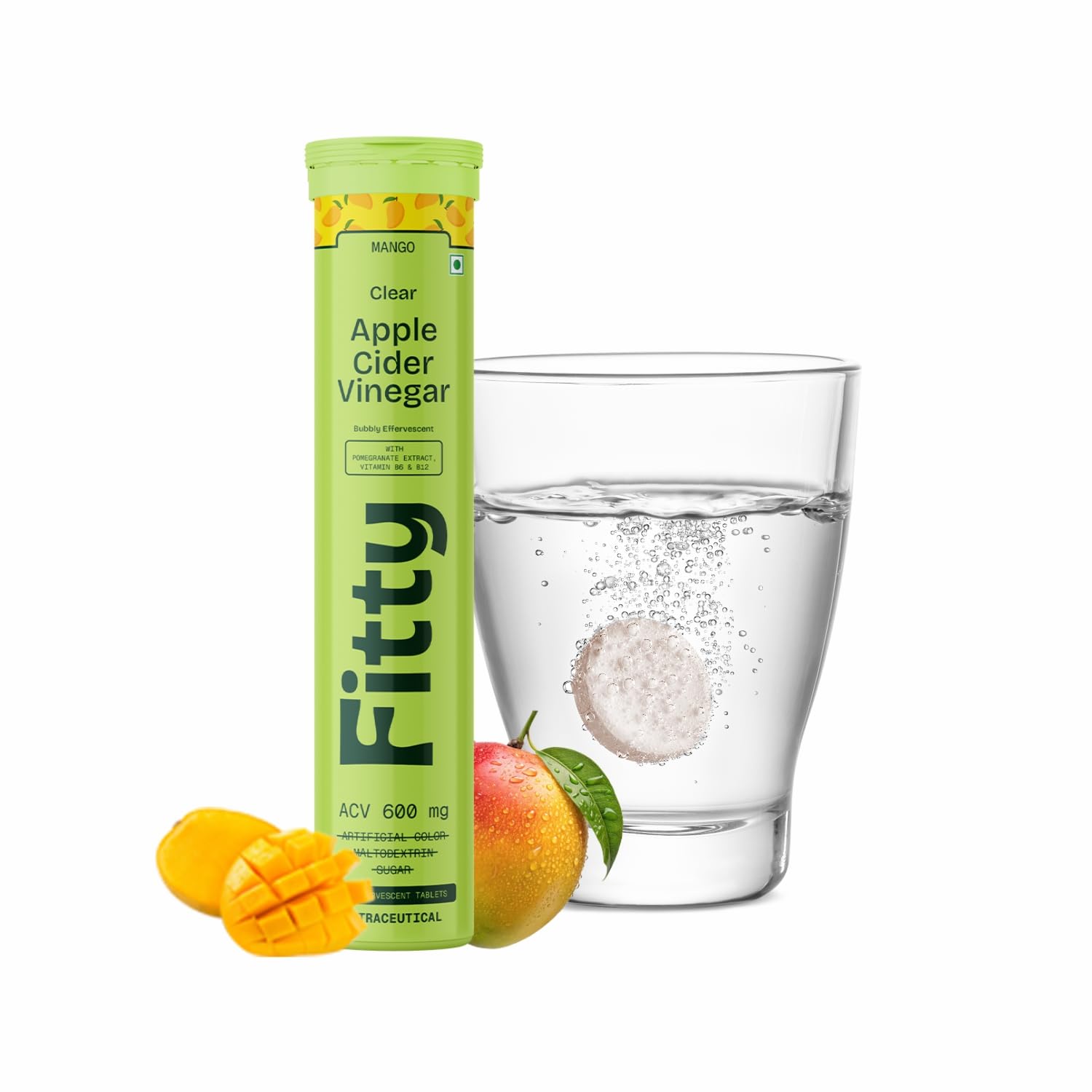 

Fitty Apple Cider Vinegar Fizz 600mg Mango Flavour With Vitamin B6 Stevia Zero Sugar 15 Tablets