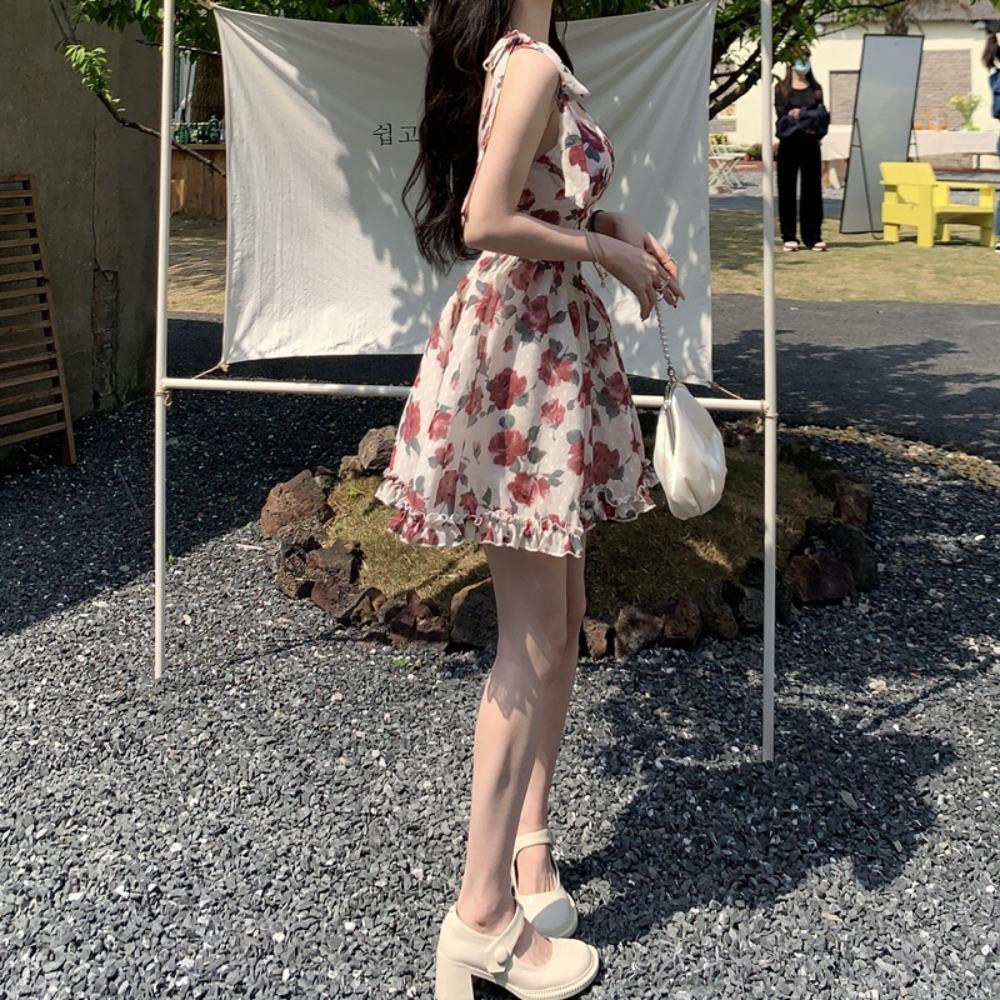 Ruffle Floral Dress Women Rose Sling Strap Sundress French Style Mini Sleeveless Dress Lolita