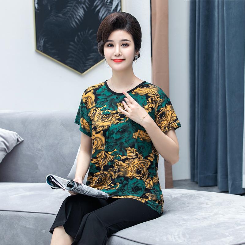 Summer Short-sleeved Ice Silk T-shirt Women's Round Neck Large Size Loose Elastic Multicolor Tops Female Casual Print Blouse