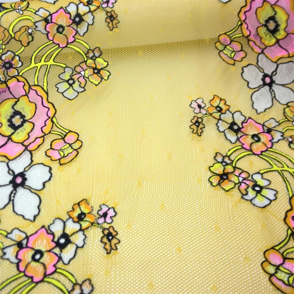 23cm wide Elastic Lace, Multicolor floral Stretch Spandex Lace with Yellow Mesh for Lingerie, Bra, Underwear, Sewing & Crafting