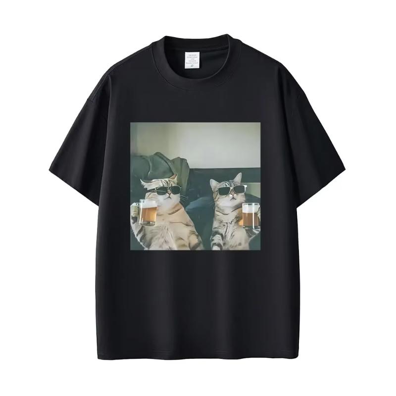 Casual retro short sleeved Tshirt Unisexs and Womens fashionable round neck Tshirt Cool Cat Drinking Beer fun meme Tshirt S