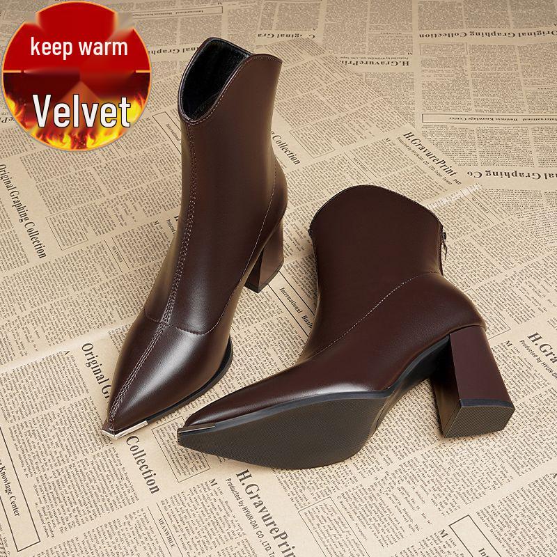 2025 Trendy Pointed Toe Chunky Heel Ankle Boots for Women - High-End Petite French Style