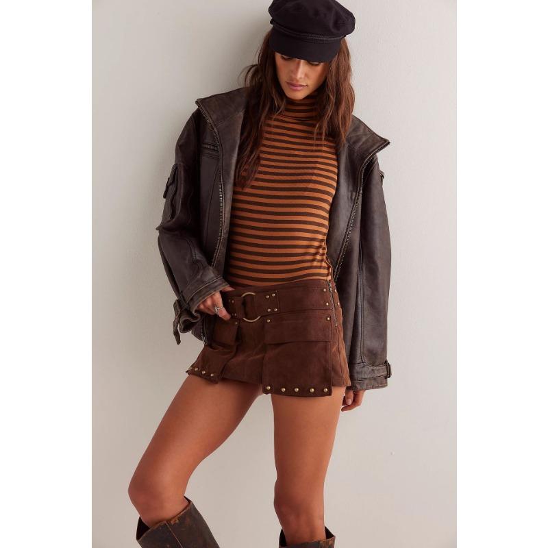 Women S Striped Print Half High Neck Fitted Long Sleeve T Shirt Base Layer Top