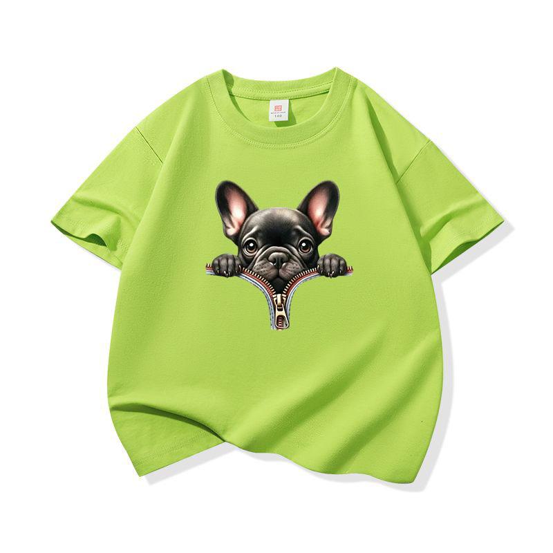 Kids Cotton T Shirt Adorable French Bulldog Zipper Print Crew Neck Short Sleeve Tee Casual Boys Girls Summer Tops