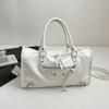 Glossy Faux Leather Duffel Bag Women's Fashion Shoulder Tote with Front Zip Pocket and Adjustable Strap