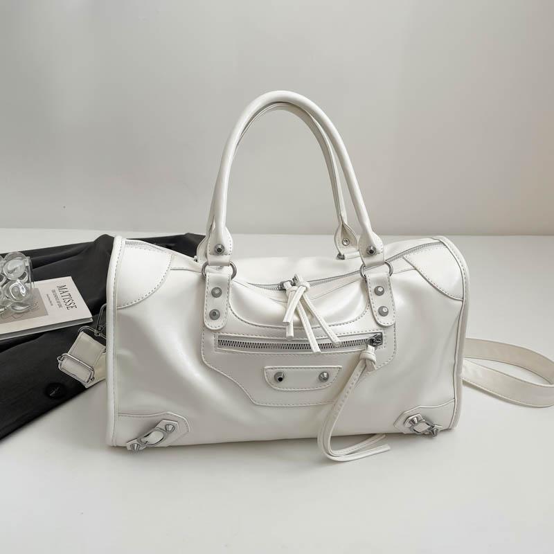 Glossy Faux Leather Duffel Bag Women's Fashion Shoulder Tote with Front Zip Pocket and Adjustable Strap