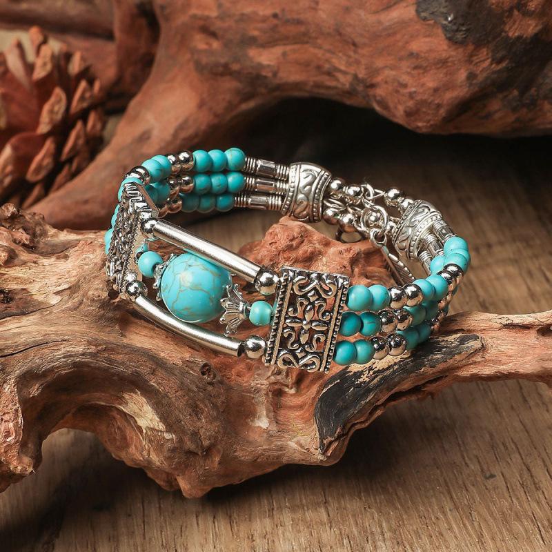 European Retro Bohemian Turquoise Leaf Bracelet - Versatile Ethnic Style Hand Jewelry for Women