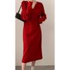 [] Autumn and winter v-neck knitted dress high-end red sweater skirt gentle wind temperament long dress