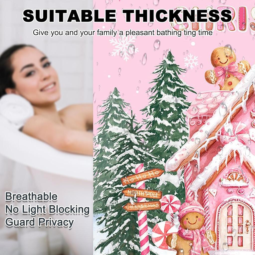 Pink Christmas Gingerbread Shower Curtain Cute Gingerbread House Shower Curtain For Pink Christmas Bathroom Decor Waterproof