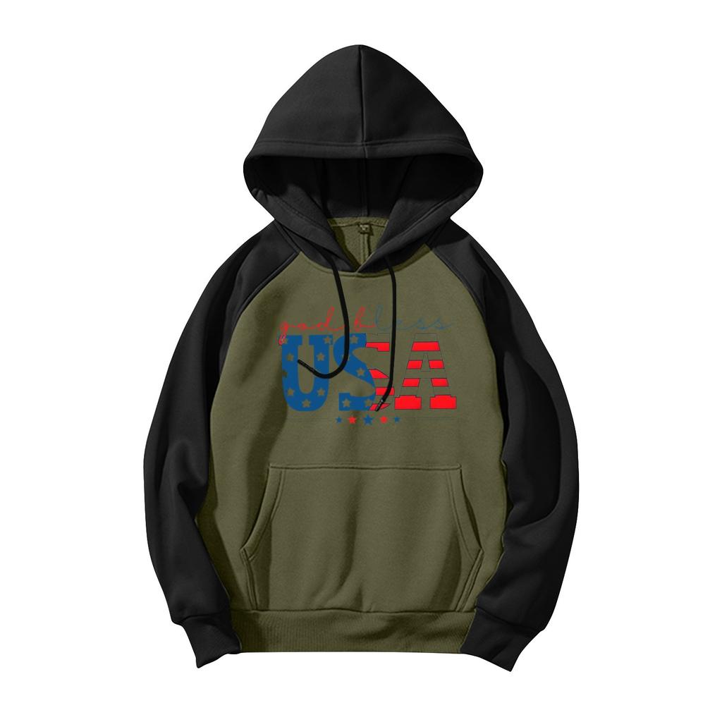 Men's Casual Hooded Drawstring Long Flag Print Sweatshirt With Pockets