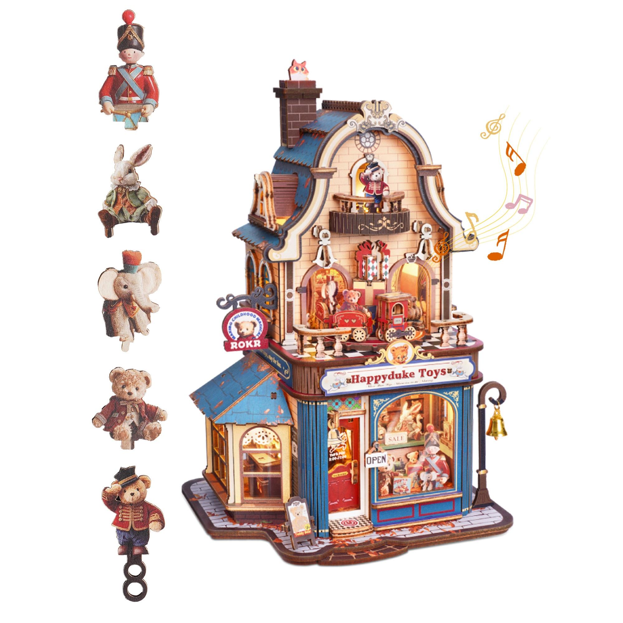 ROKR Houten 3D Puzzel Happyduke Speelgoed Muziekdoos Bouwpakket met LED Licht voor Huisdecoratie Mini Poppenhuis DIY Speelgoed Vakantiecadeau voor Volwassenen Tieners