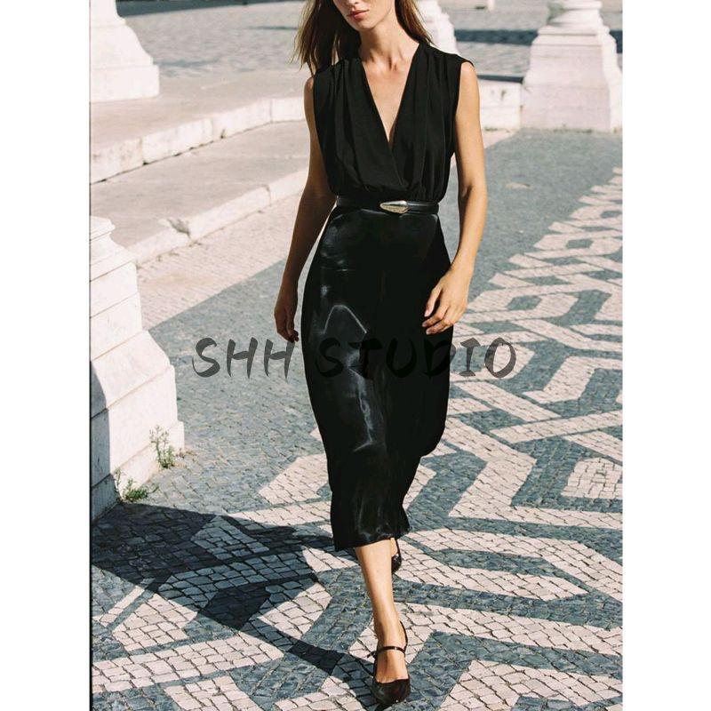 Fall New Women's Clothing Pleated Trim Double Breasted V Neck Sleeveless with Belt Patchwork Midi Skirt Dress 5029180
