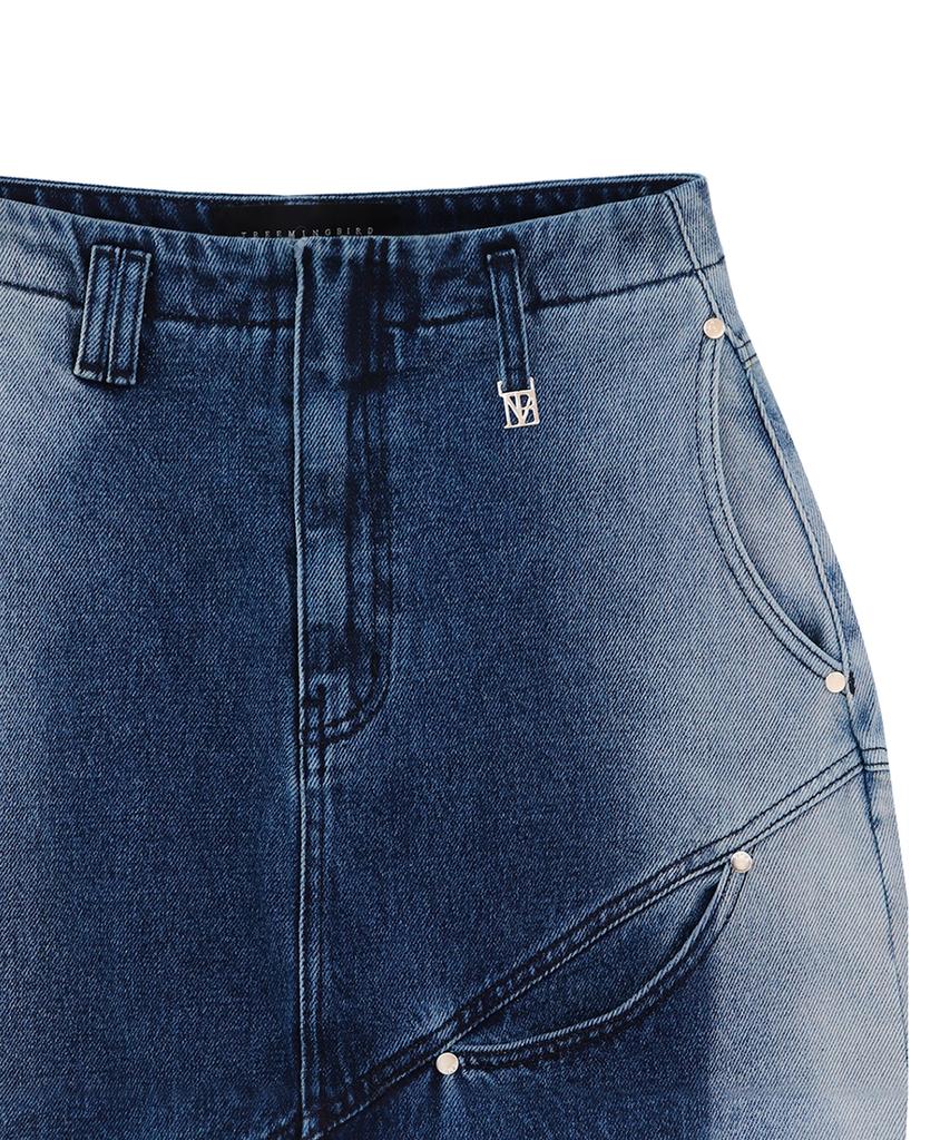 Teulimingbeodeu Curved Pocket Cut Denim Skirt [ Blue ]