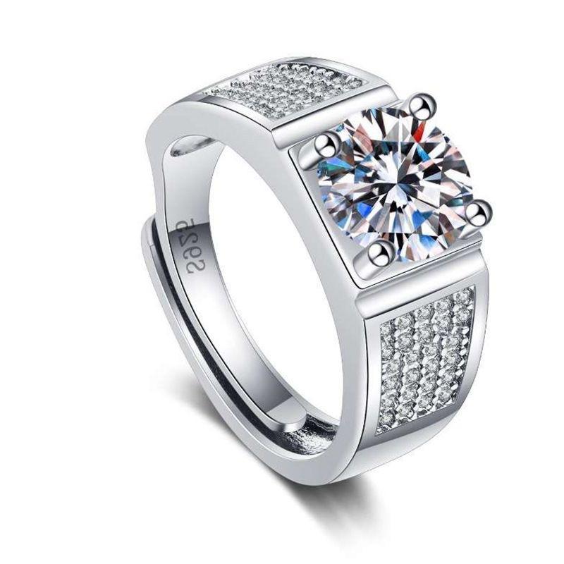 Imitation Mozzarella Diamond Men's Ring, Diamond Ring 1 Carat Ring, Slightly Set with Atmospheric Fashion and Versatile Boss Men's Ring Alive