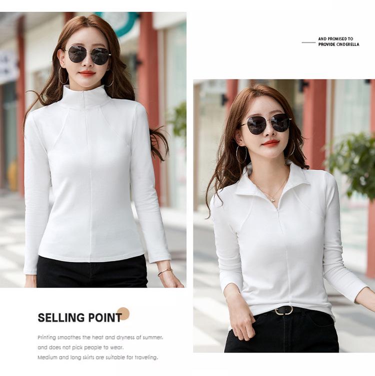 Dámské jarní bavlněné tričko s dlouhým rukávem a polozvýšeným krkem, slim