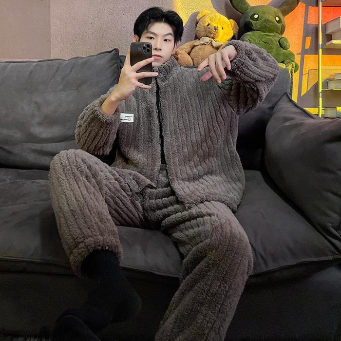 Pigiama Set Uomo Autunno Inverno Spesso Pile Cerniera Collo Alto Manica Lunga Pigiami Caldi Peluche Loungewear Uomo Casual Abbigliamento Casa
