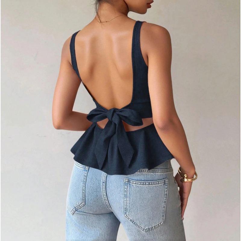 Ruffled Hem Backless Bow Tie Commuting Versatile Sleeveless Waist Top for Women