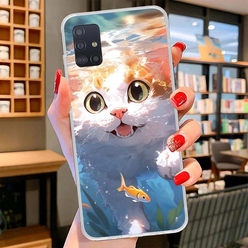 Cartoon Cute Cat Fish Aesthetic Cover Phone Case For Samsung Galaxy A12 A22 A32 A52 A72 A02S Phone Case Note 20 Ultra 10 S10 Plu