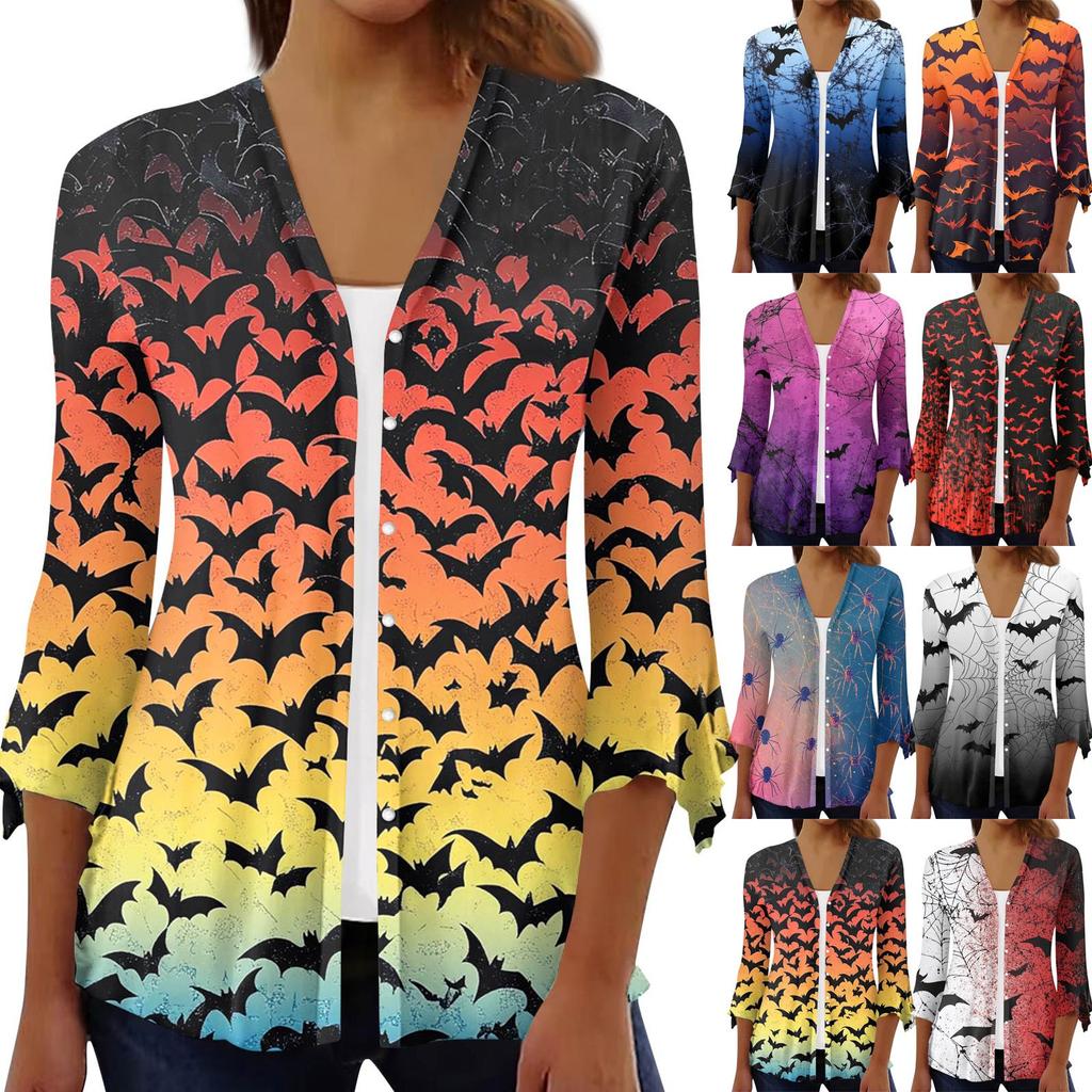 Damen Locker Lässig Bedruckt Siebenärmel Knopfleiste Hemd Strickjacke Top