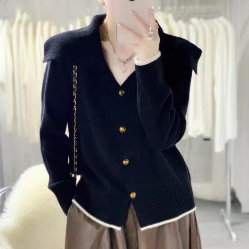 Women's 100% Wool Color Block Sailor Collar Cardigan - Thickened, Single-Breasted, Age-Reducing Knit for Autumn/Winter