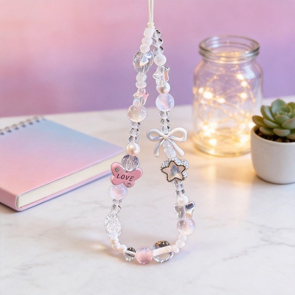 Pvc Pink Butterfly Star Phone Lanyard With Beaded Design For Girls And Kids