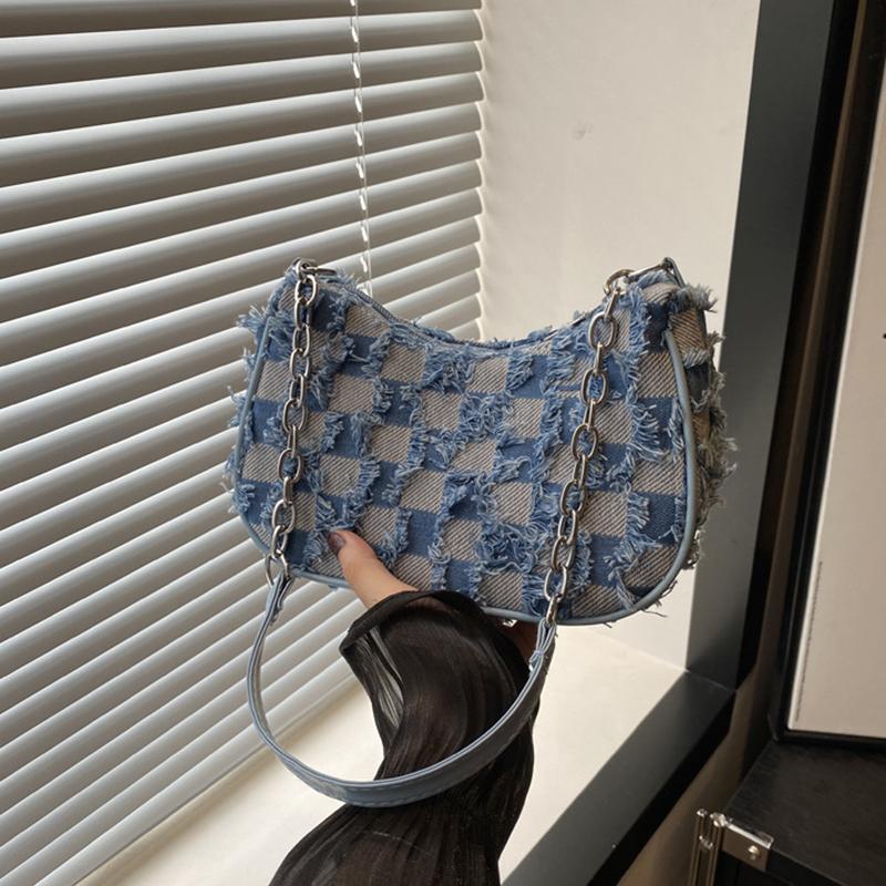 Womens Star Pattern Chain Decor Small Shoulder Bag Trendy Vintage Y2k Denim Underarm Bag Korean Star Women's Handbag Lady KTY