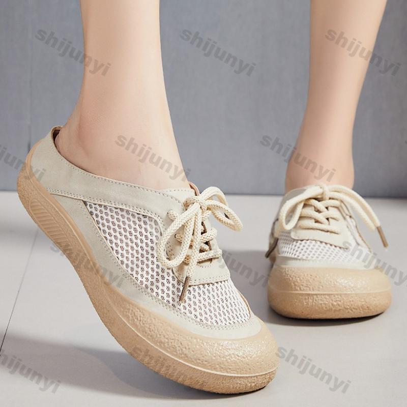 Damenschuhe 2026 Sommer Neu Vintage Atmungsaktives Netz Rutschfest Halb-Slipper Bequeme Weiche Sohle Outdoor Damen Freizeit Sandalen
