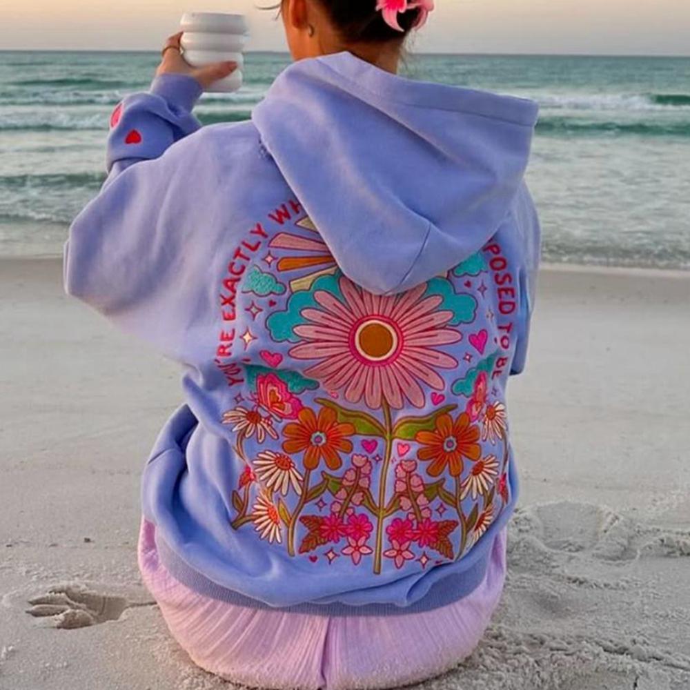 STREETRICH Women's Y2K Floral Letter Embroidered Hooded Pullover Cozy Stylish Long Sleeve Loose Sweatshirts with Kangaroo Pocket