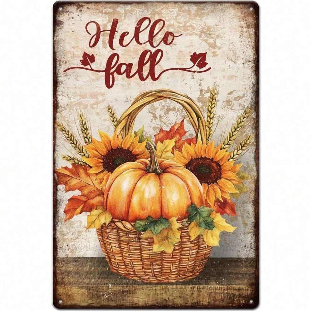 Panier à Citrouilles Hello Automne Vintage Plaque Métallique x Pouce Décor Mural Métallique Rustique Automnal pour Maison Cuisine Ferme Café