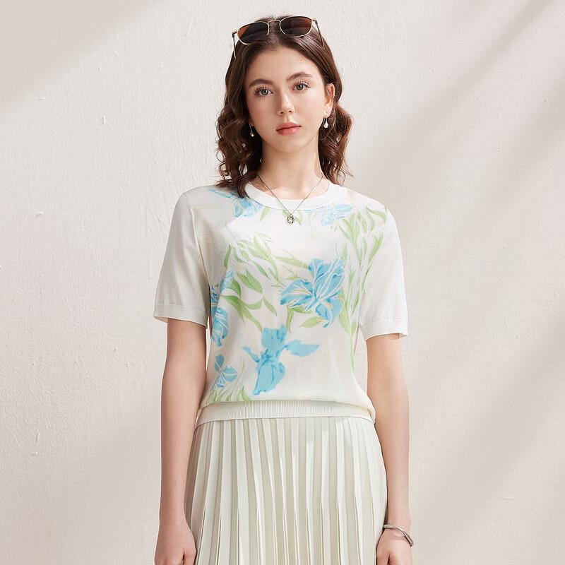 Women's Mulberry Silk Blend Floral Print Short-Sleeve T-Shirt