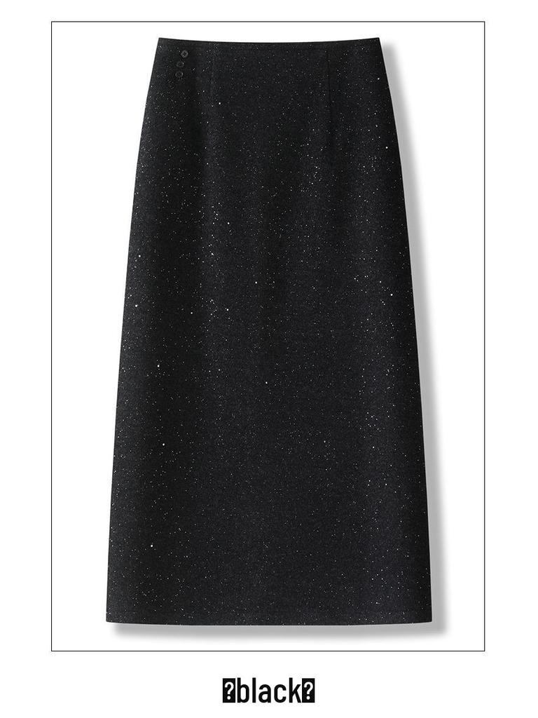 Minigonna Nera con Paillettes da Donna 2025 - Flanella di Lana Slimming High-End a Portafoglio Bodycon per Autunno/Inverno
