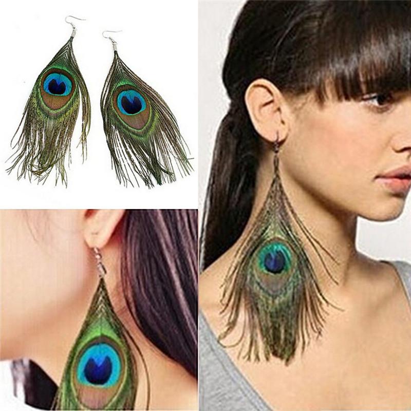 Style Assorted Color Peacock Natural Feather Earrings Drop Earrings