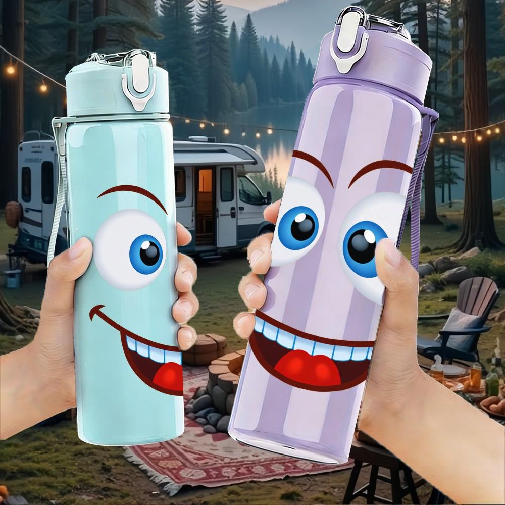 1PC Big Smile Funny Cartoon Face Print 750ml Color Plastic Sports Water Bottle Leakproof Flip Straw Lid Suitable for Sports Office Home Use