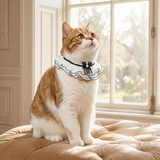 Elegant Faux Pearl Pet Bib Lace Ruffle Cat Collar, Bandana with Bow Knot, Retro Puppy Formal Neckwear Cute Princess Collar for Cats Small Dogs Wedding