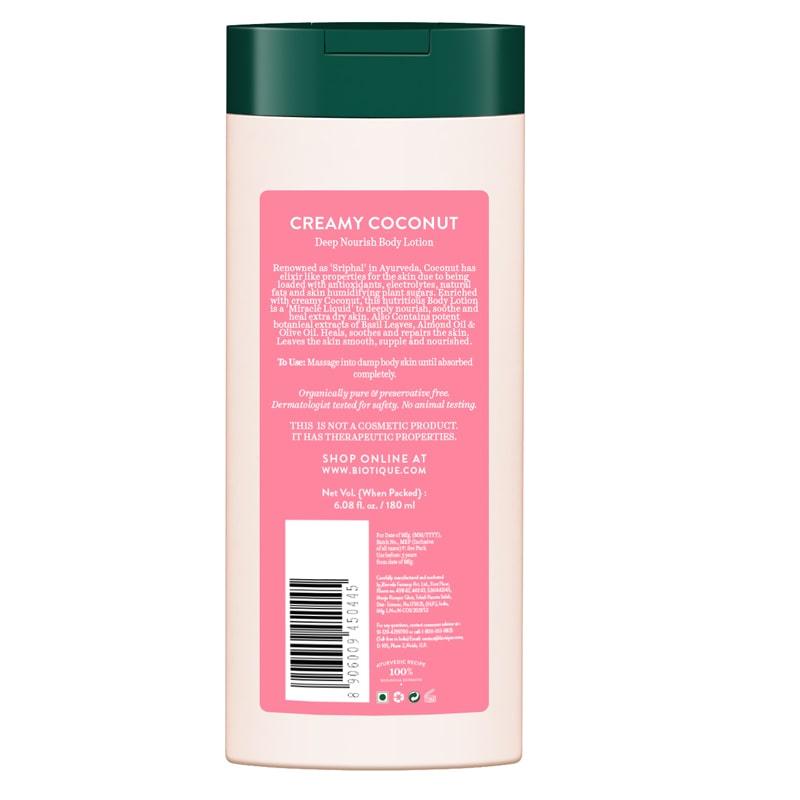 Biotique Creamy Coconut Body Lotion 180ml For Dry Skin, Deep Nourish & Repair, 100% Botanical Extracts, Moisturizing Hydration