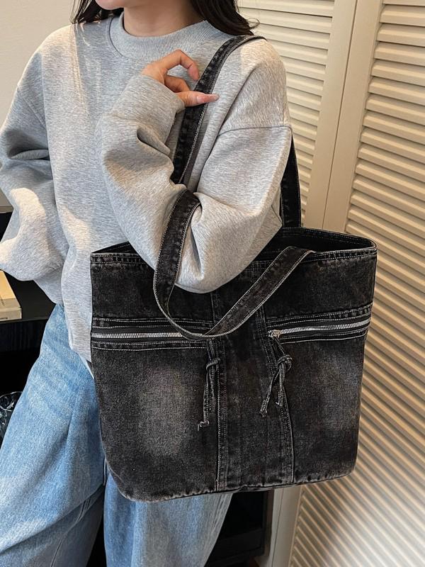 Retro Casual Multi-Pocket Washed Denim Tote Bag - 2025 Trendy Mommy Commute Shoulder Bag