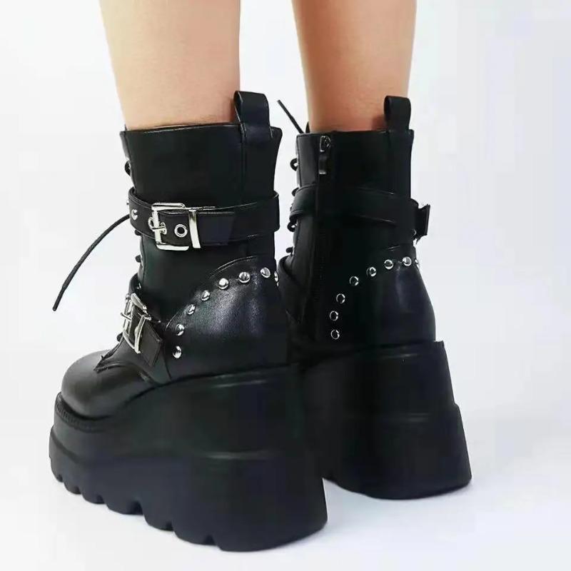 2025 Ankle Boots Platform Wedge Super High Heel Gothic Metal Heart Female Pumps Autumn Ladies Belt Round Toe Lolita Punk Shoe