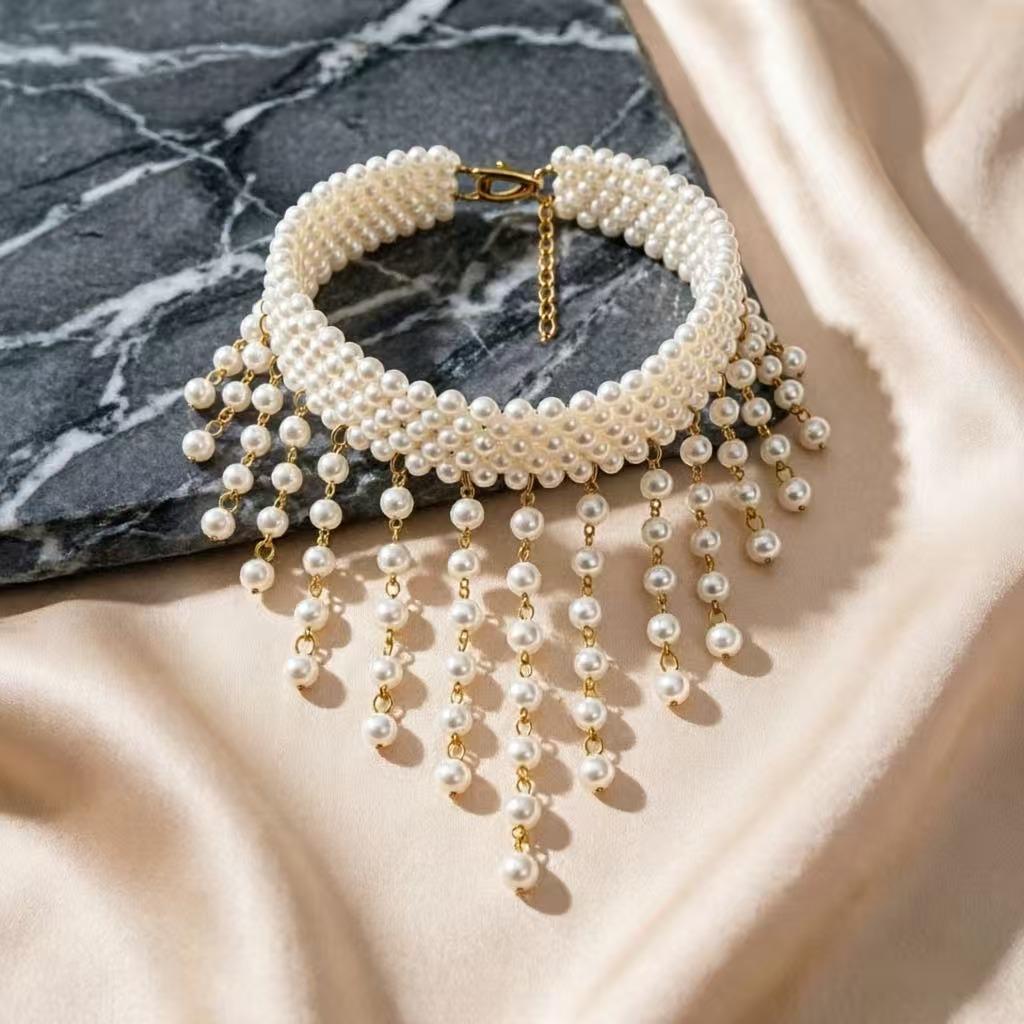 French Court Tassel Embroidered Pearl Choker Wedding Gown Necklace