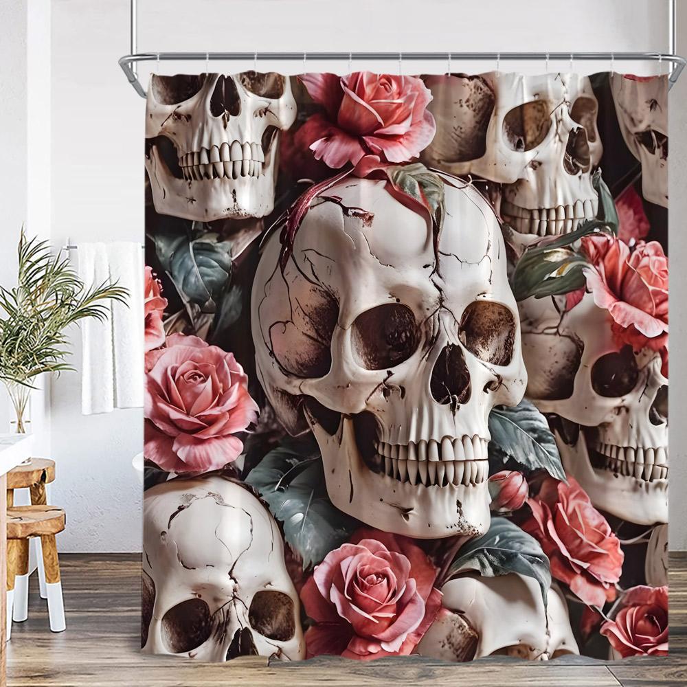 Schädel Halloween Duschvorhang Frohes Halloween Lustiges Skelett Rose Floral Badezimmer Dekor Polyesterstoff Duschvorhang Mit Haken