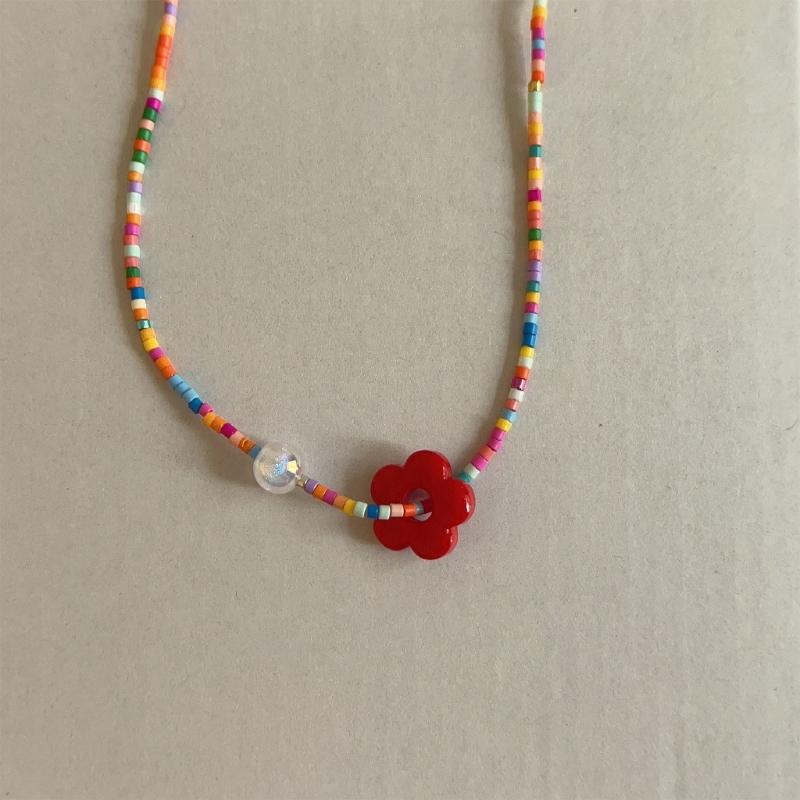 Resin Flower Pendant Necklace Crystal Bead Choker Sweet Dopamine Clavicle Chain Choker Jewelry for Women Girl Teen
