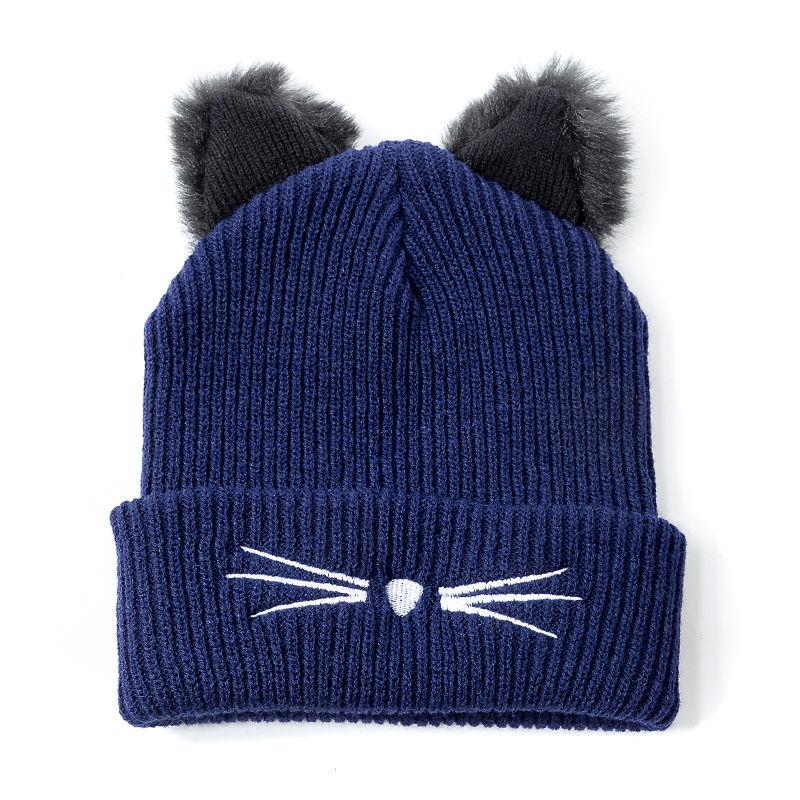 High Quality 3 Colors Cotton Fur Cat Ear Winter Hat Lovely Warm Beanie Women's Hat Knit Caps Girl Beanies Hip-hop Skullies Hat