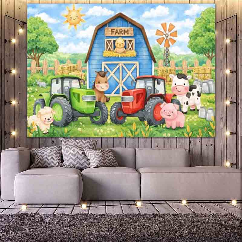 Cartoon Farm Animals Tractor Photography Backdrop Barn Windmill Kids Farm Themed Birthday Party Photo Banner