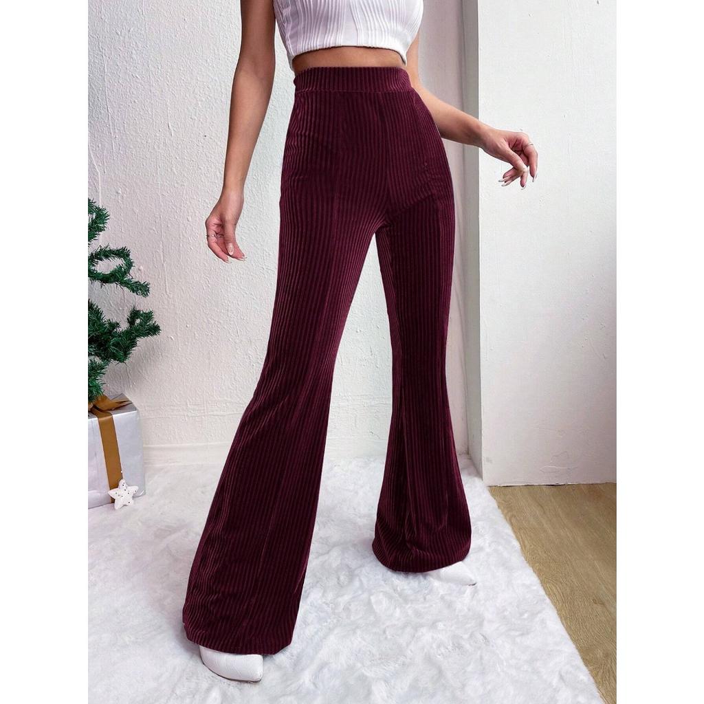 Ladies, High Waisted, Corduroy, Flared Pants, Solid Color, Casual Pants, Wide Leg Pants, Long Pants