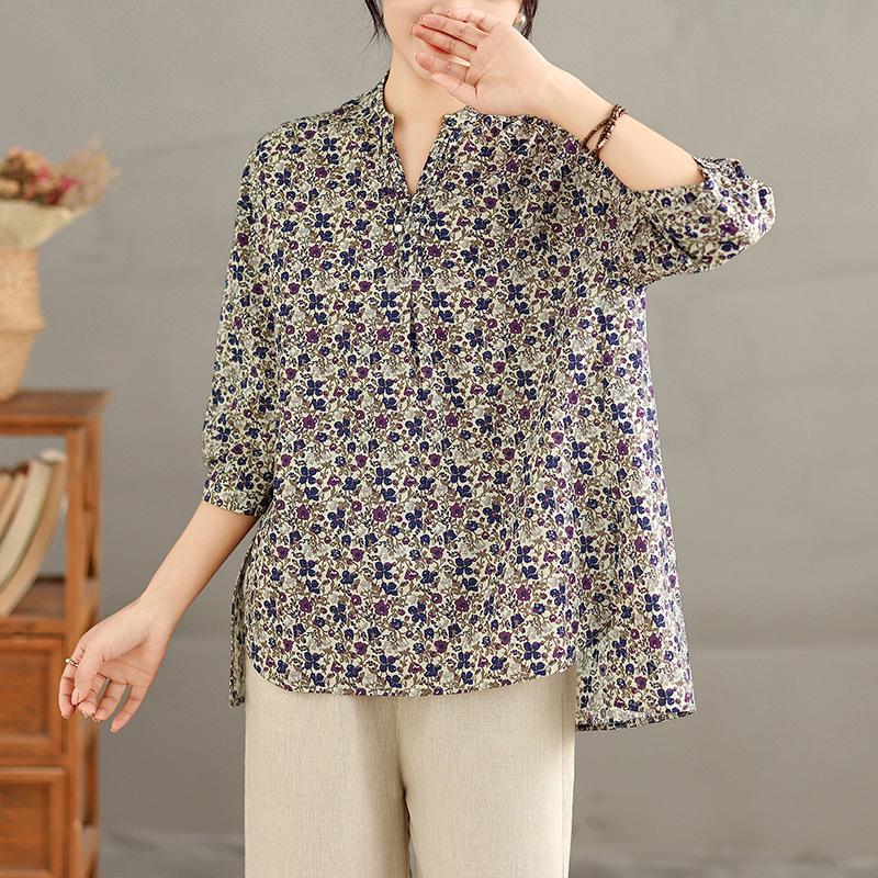 

Spring/Summer Floral Print V-Neck Plush Cotton Top - Women s Loose Fit with Seven-Sleeve M цветочные печати