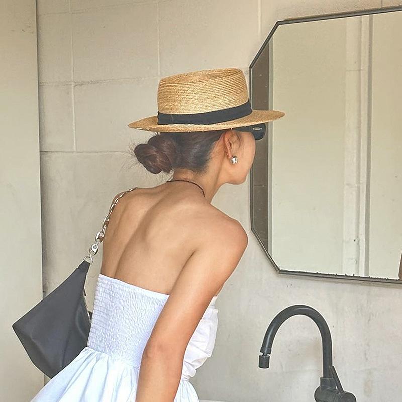 New Concave Top Panama Straw Hat Women's Fashion Seaside Beach Straw Grass Woven French Flat Edge Jazz Top Hat