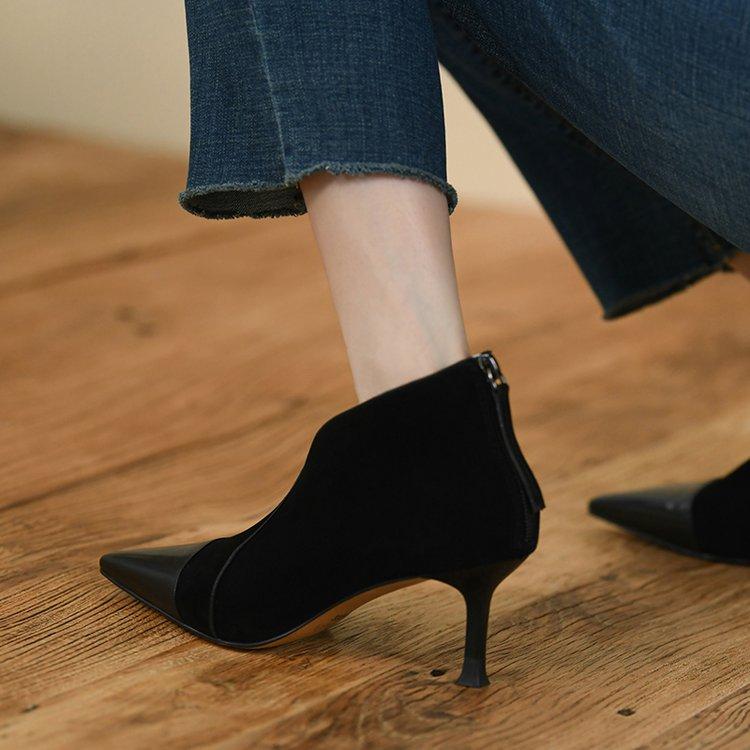 Temperament Booties Women's Fashion Pointed Toe Side Zipper Spliced Suede Non-Slip Wear-Resistant High Heels