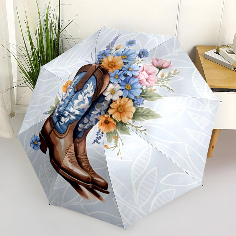 1pc Cowboy Boots Flowers Automatic Open/close Umbrella, 8-Rib sturdy structure, Portable Travel Umbrella, Parties, Everyday Use, Outdoor Accessory f21