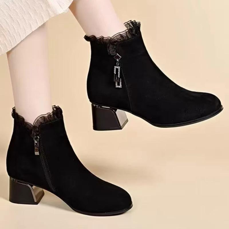 Autumn and winter new versatile round head thick heel comfortable zipper fashion boots soft leather boots women's soft sole women's boots