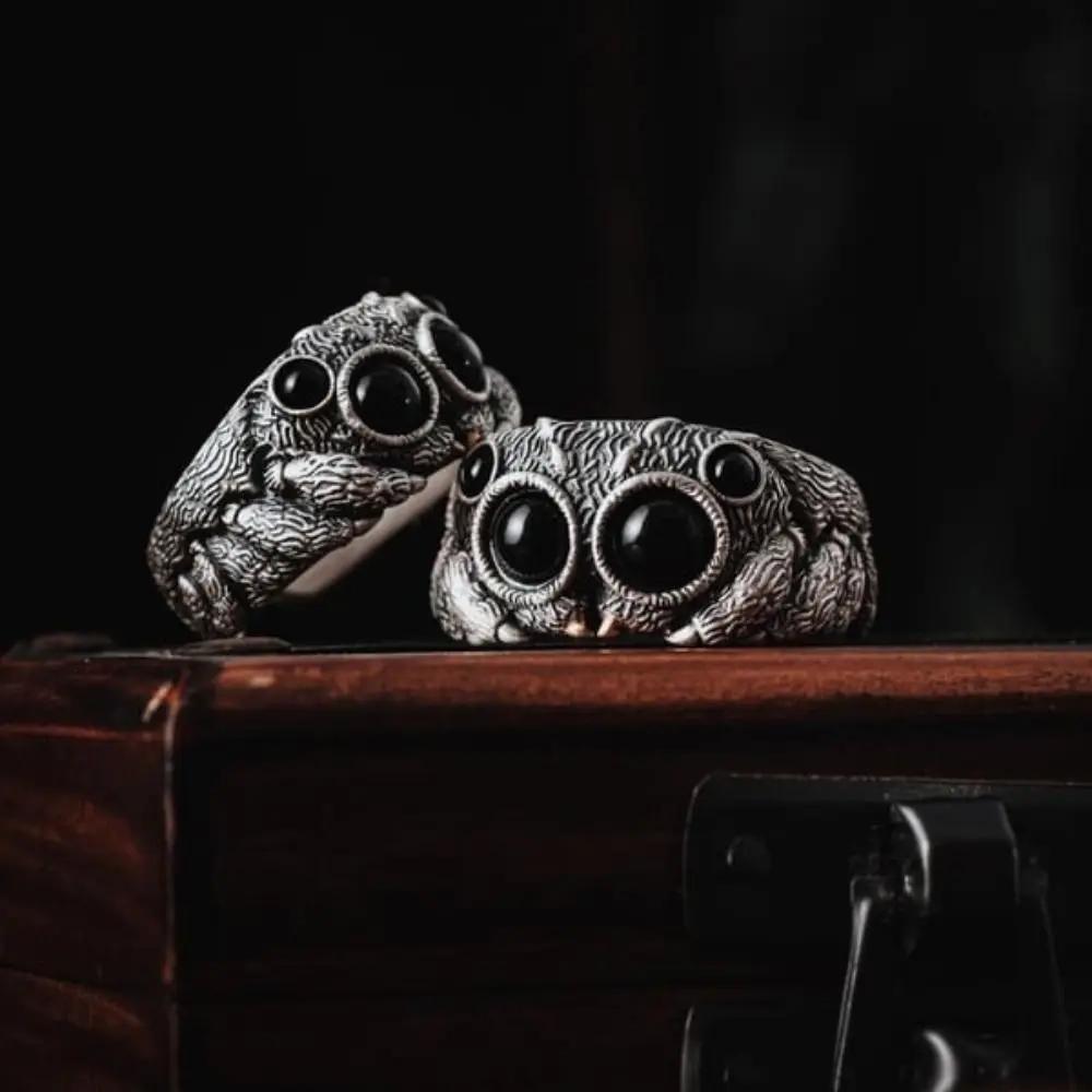 Schwarzer Achat Springspinne Ring Personalisierter Galvanisierter Kupfer Tier Offene Ringe Verstellbare Öffnung Mode Statement Ring