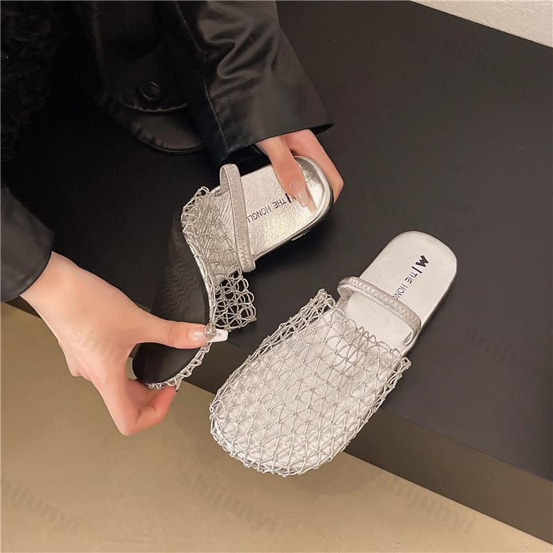 Summer Women Flats Slippers 2026 Mesh Breathable Half Slipper Hollow Out Sandals Woman Shoe Fashion Non Slip Outdoor Casual Shoe
